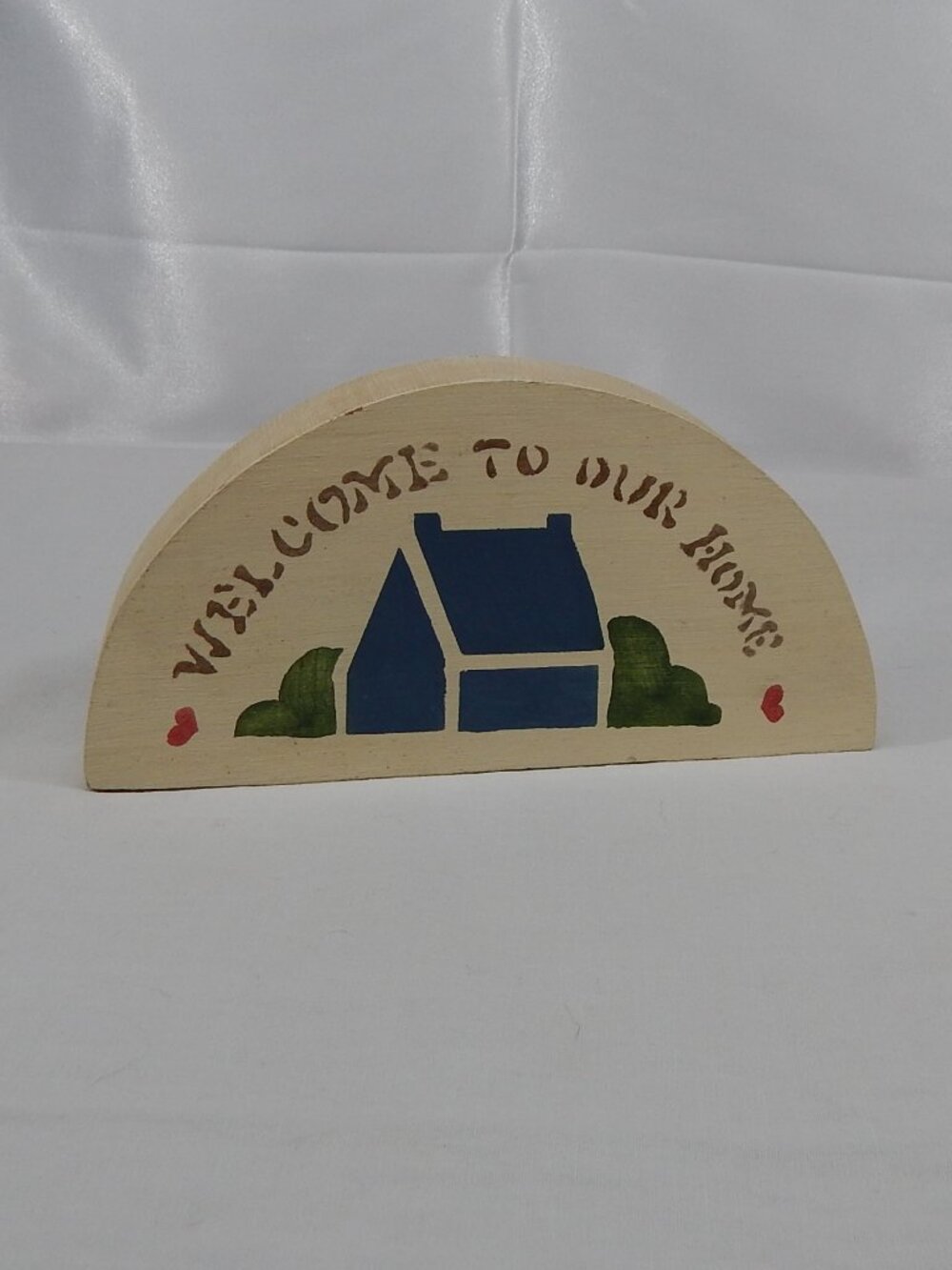 "Welcome to Our Home" Wood Sign - Small Hand Painted Cream Blue